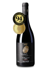 Wine bottle with a gold and black label featuring a rating of 94 points on a white background.