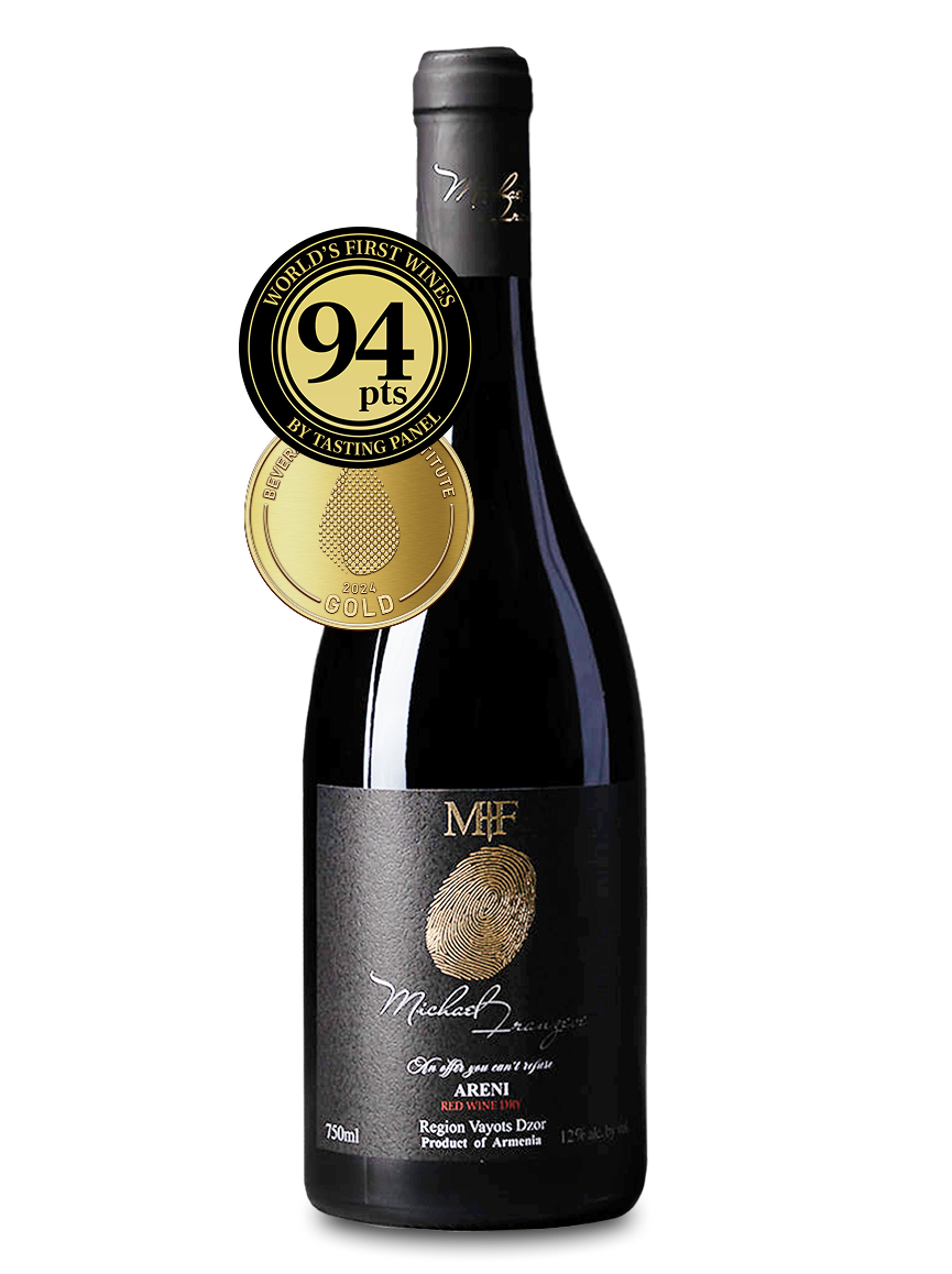 Wine bottle with a gold and black label featuring a rating of 94 points on a white background.