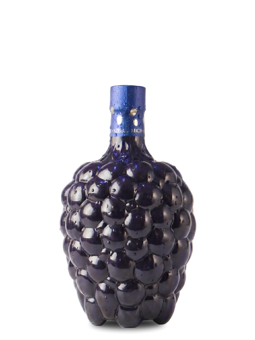Blackberry-shaped bottle with a blue cap on a white background