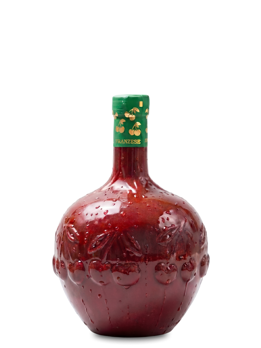 Red cherry wine bottle with a green cap on a white background