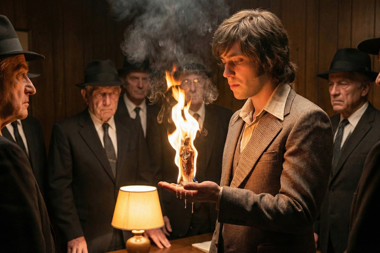 Man holding a burning object in front of a group of men in suits with a lamp on a table.