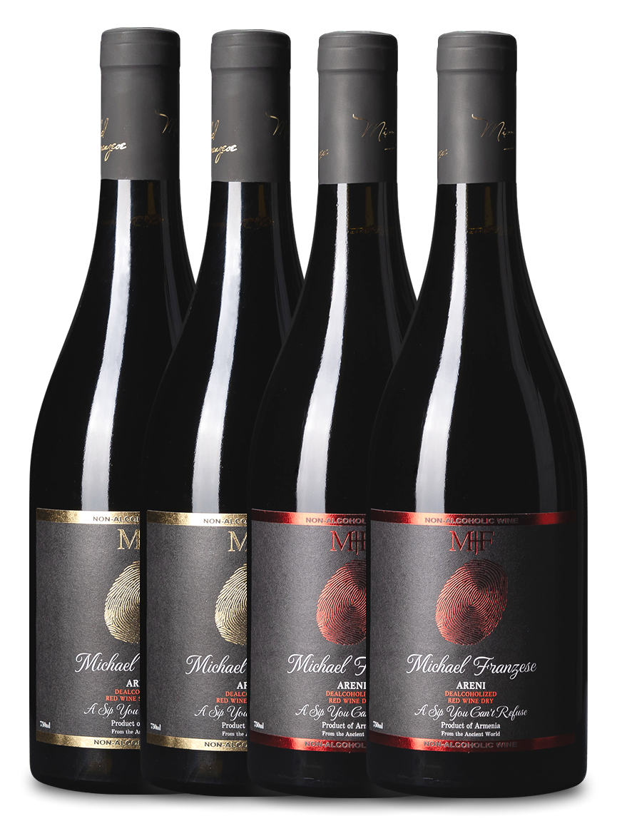 Five bottles of Michael Areni wine with dark labels on a white background