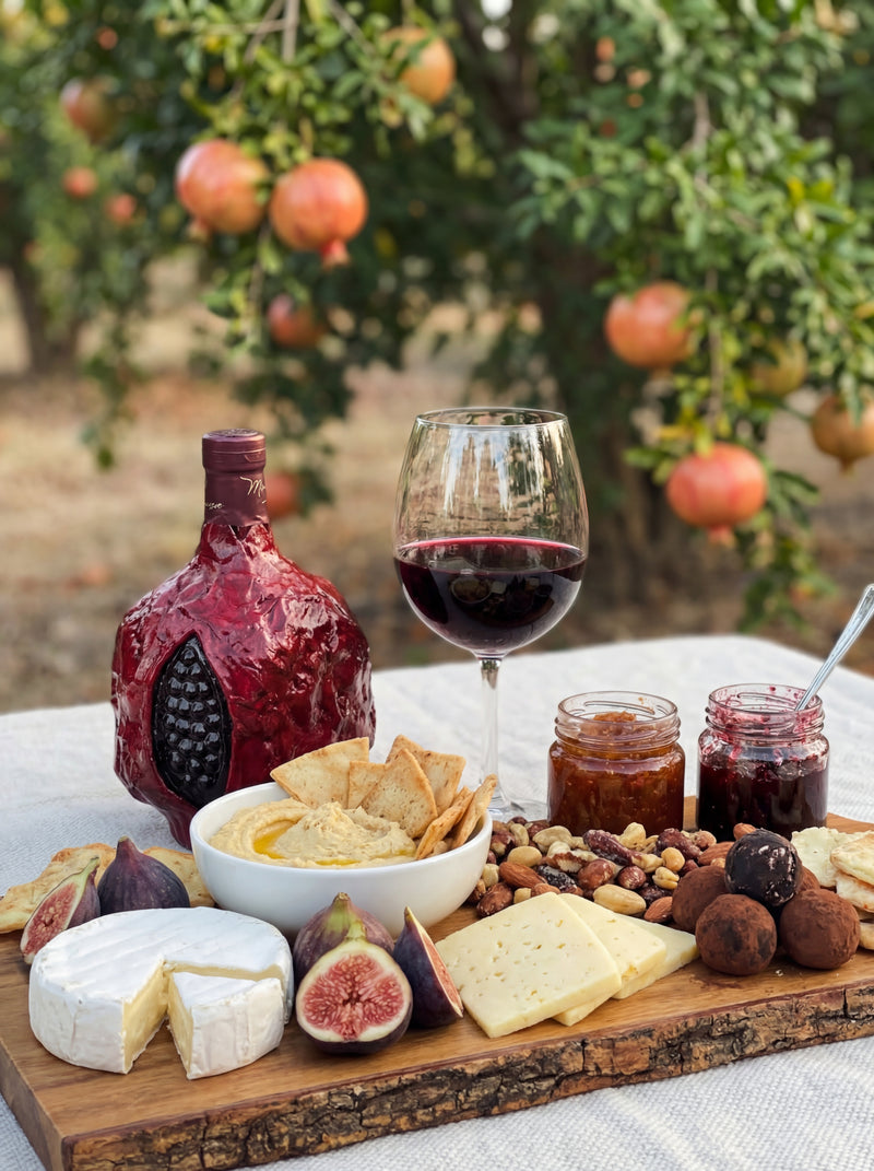 Gourmet platter with cheese and fruits in an outdoor setting with Franzese Armenian pomegranate wine bottle.