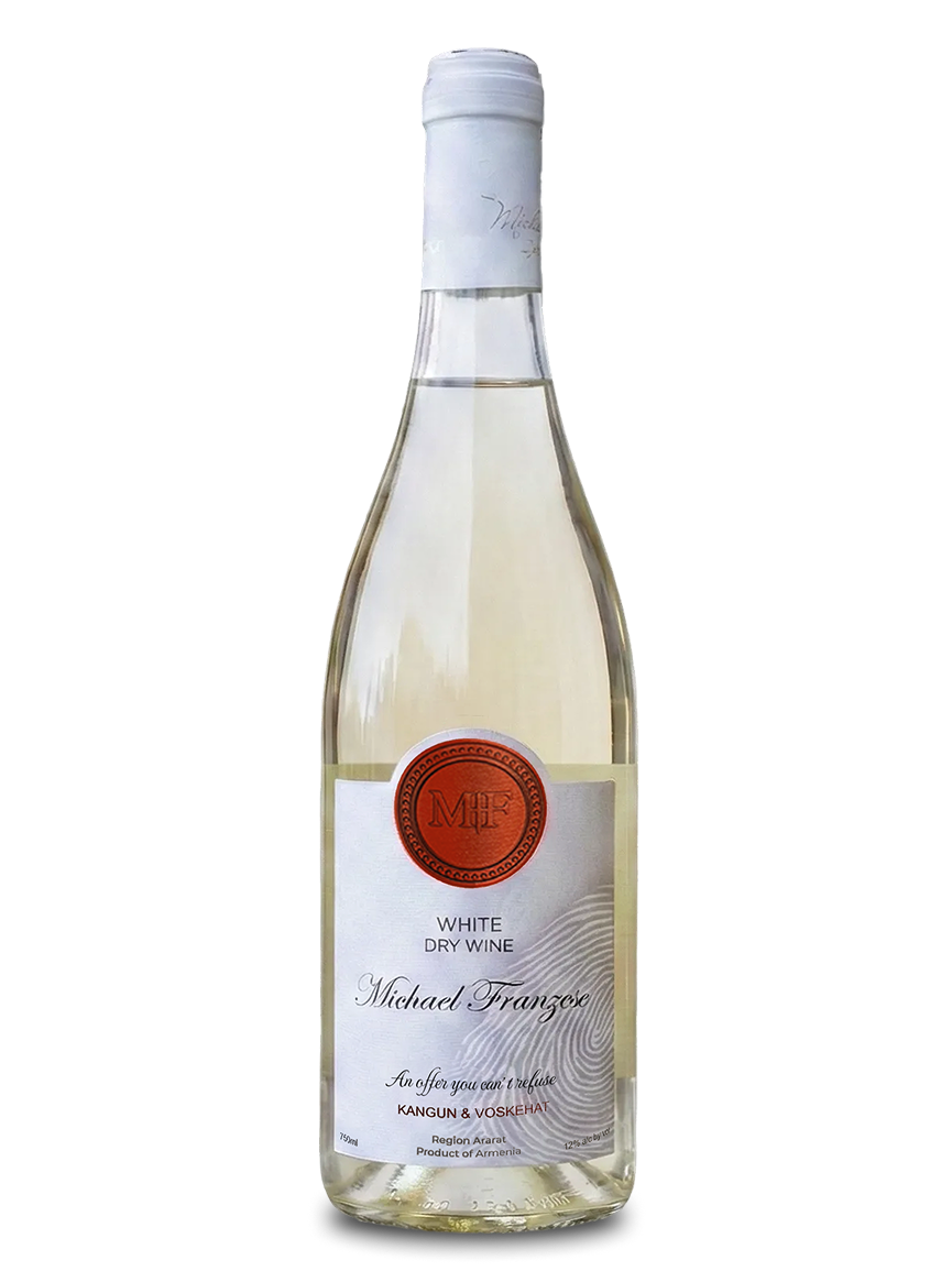 Bottle of Michael Franzner white dry wine on a white background