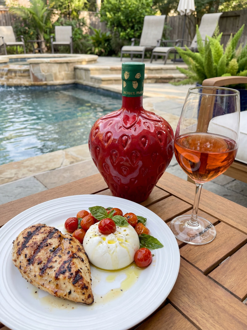 Dinner plate with grilled chicken, burrata, and tomatoes next to a bottle and glass of strawberry wine on a patio.