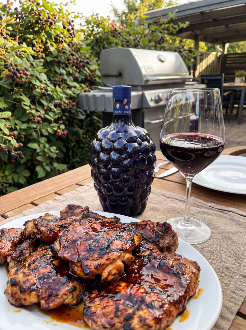 Grilled chicken on a plate with a bottle of blackberry wine and a glass outdoors.