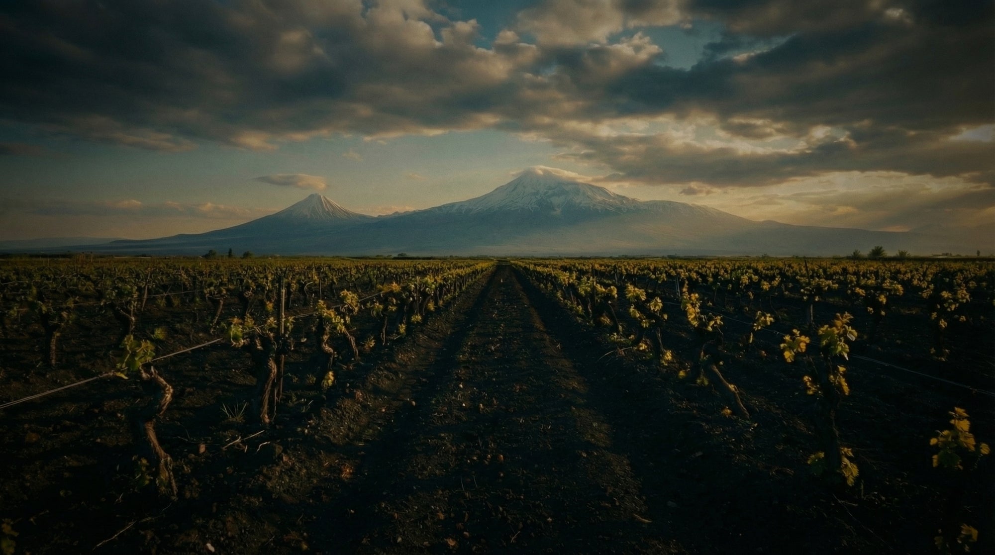 Vineyard with Mount Ararat of Armenia in the background under a cloudy sky
