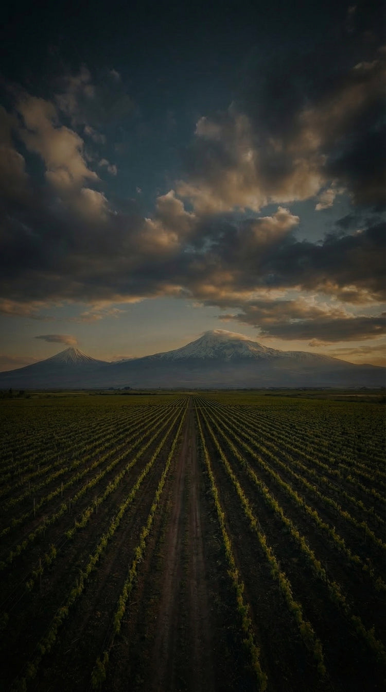 Vineyard with Mount Ararat of Armenia in the background under a cloudy sky